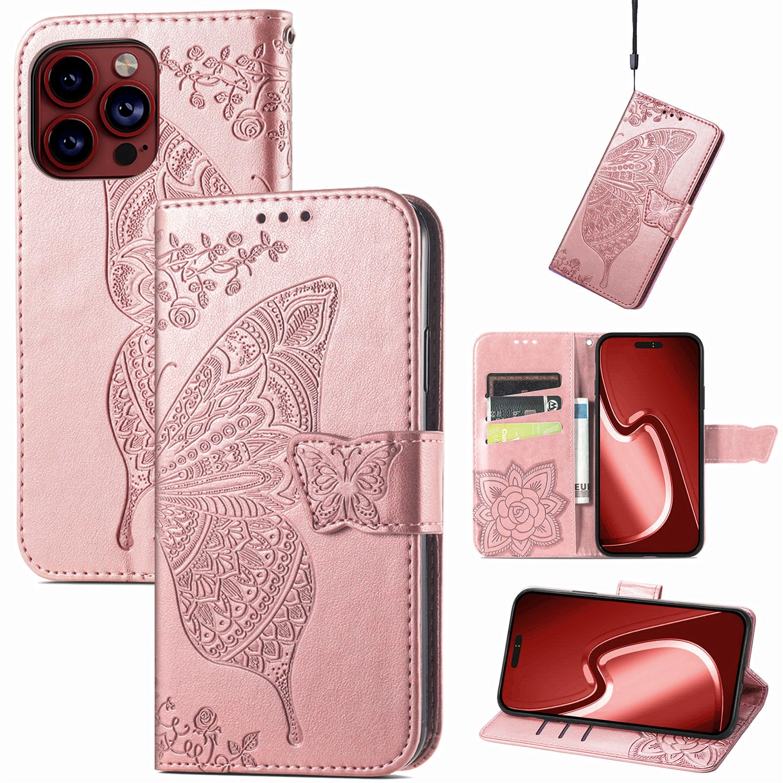 JIUNINE Case for Apple iPhone 15 Pro, Leather Wallet Case Flip Cover with Butterfly Embossed Pattern [Card Holder] [Magnetic Closure] [TPU Inner Shell] for Apple iPhone 15 Pro, Rosegold