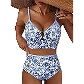 Herseas Women's O Ring Bikini Sets 2 Pieces Floral Print Swimsuits High Waisted Bathing Suits