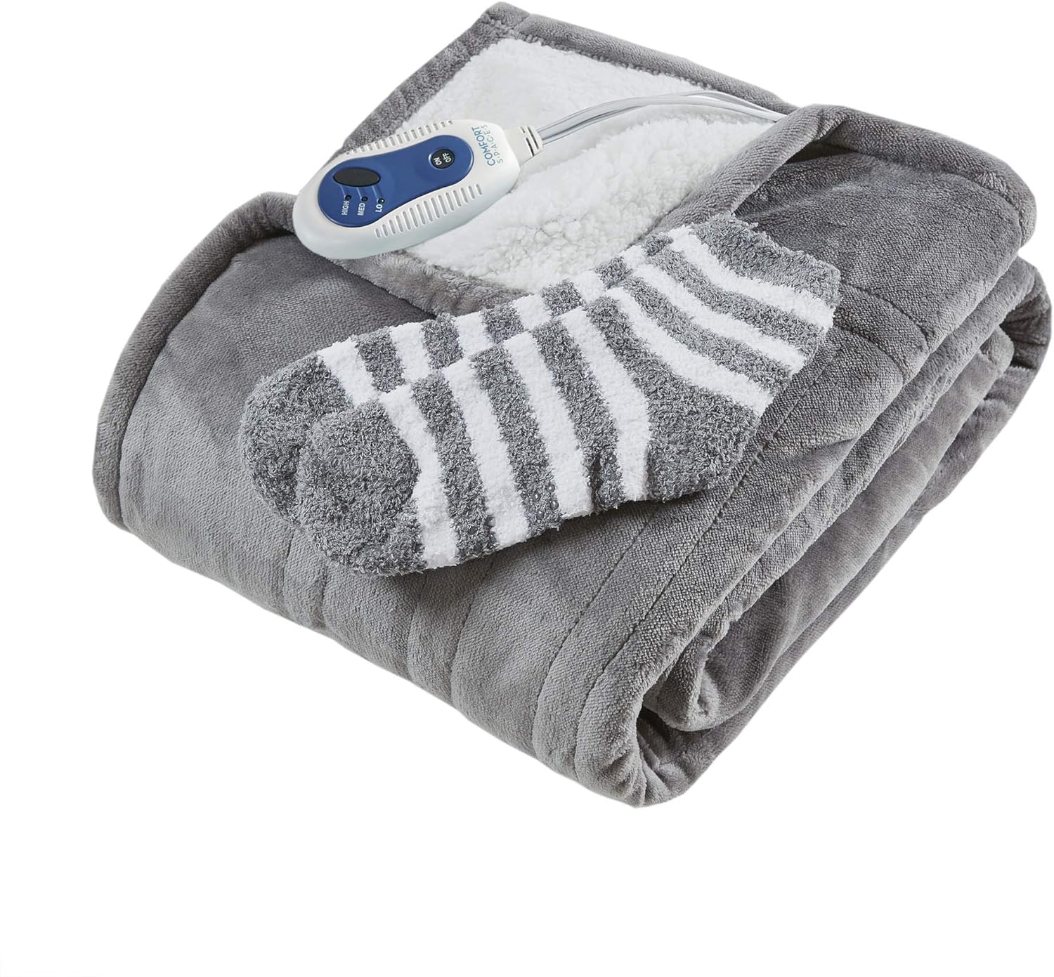 Comfort Spaces Plush to Sherpa Electric Blanket Shoulder and Neck Wrap with Matched Sock Set Ultra Soft and Warm Hypoallergenic Fleece-Reversible Heated Poncho Throw, 50" W x 64" L, Grey: Home & Kitchen