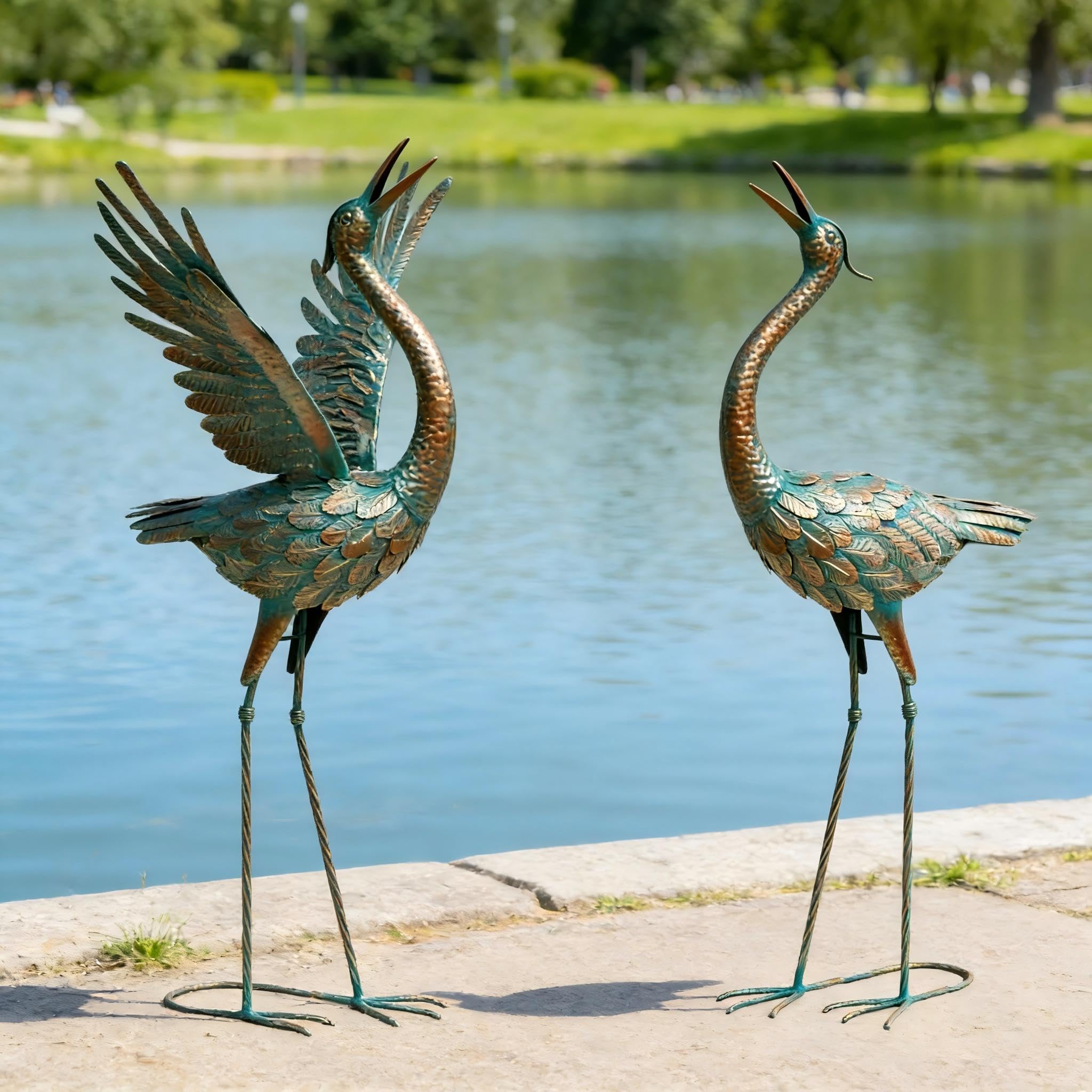 Photo 1 of chisheen Crane Garden Statues Outdoor Metal Heron Yard Art Crane for Garden Sculptures Patio Lawn Ornaments,Set of 2