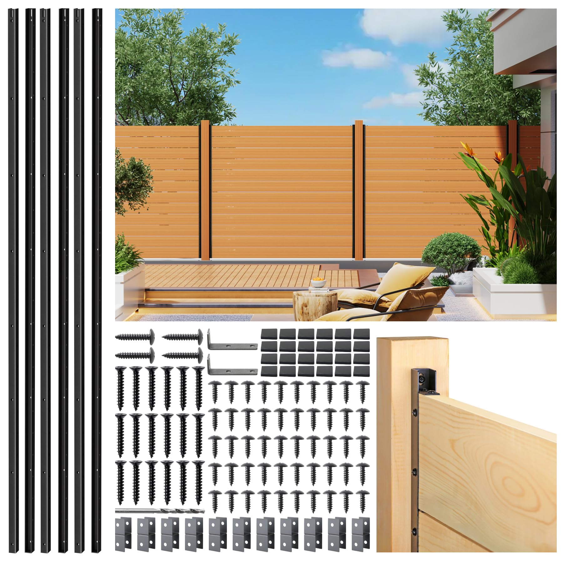 Photo 1 of Prinfort 6pack 6FT (H: 68?) Matel Backyard Privacy Fence Panels Post Black, Install Fence Panels Post for Wood Slats Outdoor
