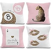 Yorhifa Trendy Preppy Pink Cheetah Throw Pillow Covers 18x18inches Set of 4, Funky Leopard Decorative Pillowcase Cases, Coquette Lips Throw Pillow Covers for Girly Room College Dorm Apartment Decor