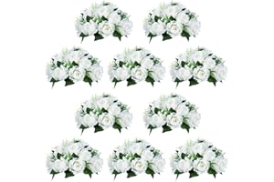 NUPTIO 10 Pieces White Fake Flower Ball Arrangement Bouquet 15 Heads Plastic Roses with Base, Suitable for Wedding Centerpiece Flower Rack for Parties Home Décor
