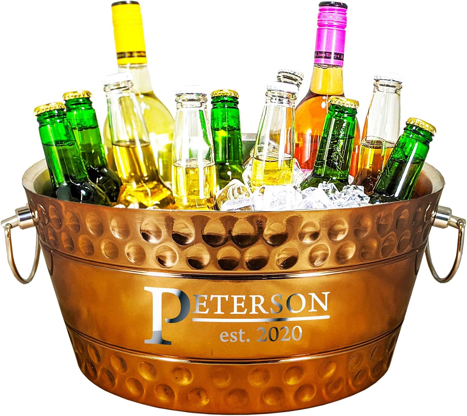 BREKX Personalized Hammered Rose Copper Finish Double-Walled Insulated Anchored Bolt Beverage Tub Chiller, Drink Tub & Ice Bucket with Double Hinged Handles, 12 Quarts