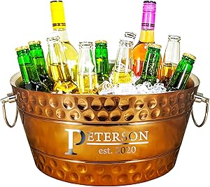 BREKX Personalized Hammered Rose Copper Finish Double-Walled Insulated Anchored Bolt Beverage Tub Chiller, Drink Tub & Ice Bucket with Double Hinged Handles, 12 Quarts