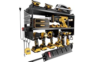 Spampur Power Tool Organizer Wall Mount with Charging Station, 3 Layer Heavy Duty Metal Tool Storage Rack Loads 420lbs with 6 Cordless Drill Holder, Tool Storage Rack with 4 Outlet Power Strip