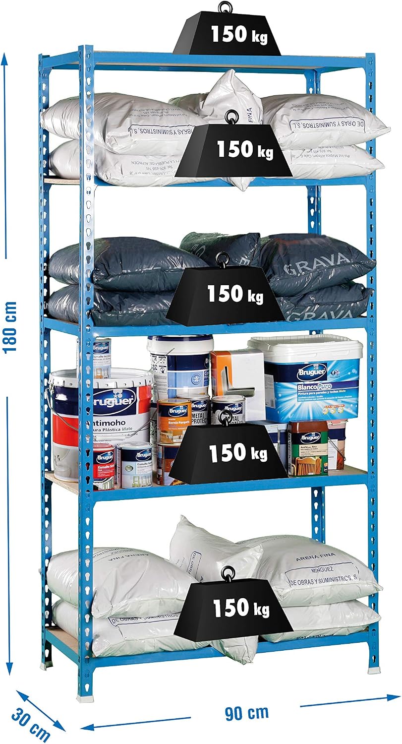 Simon Rack Garage Shelving Unit 1800x900x300 mm, 5 Tier Metal Rack with 16 mm MDF Shelves, 150 kg per Shelf, Blue/Wood - Maderclick