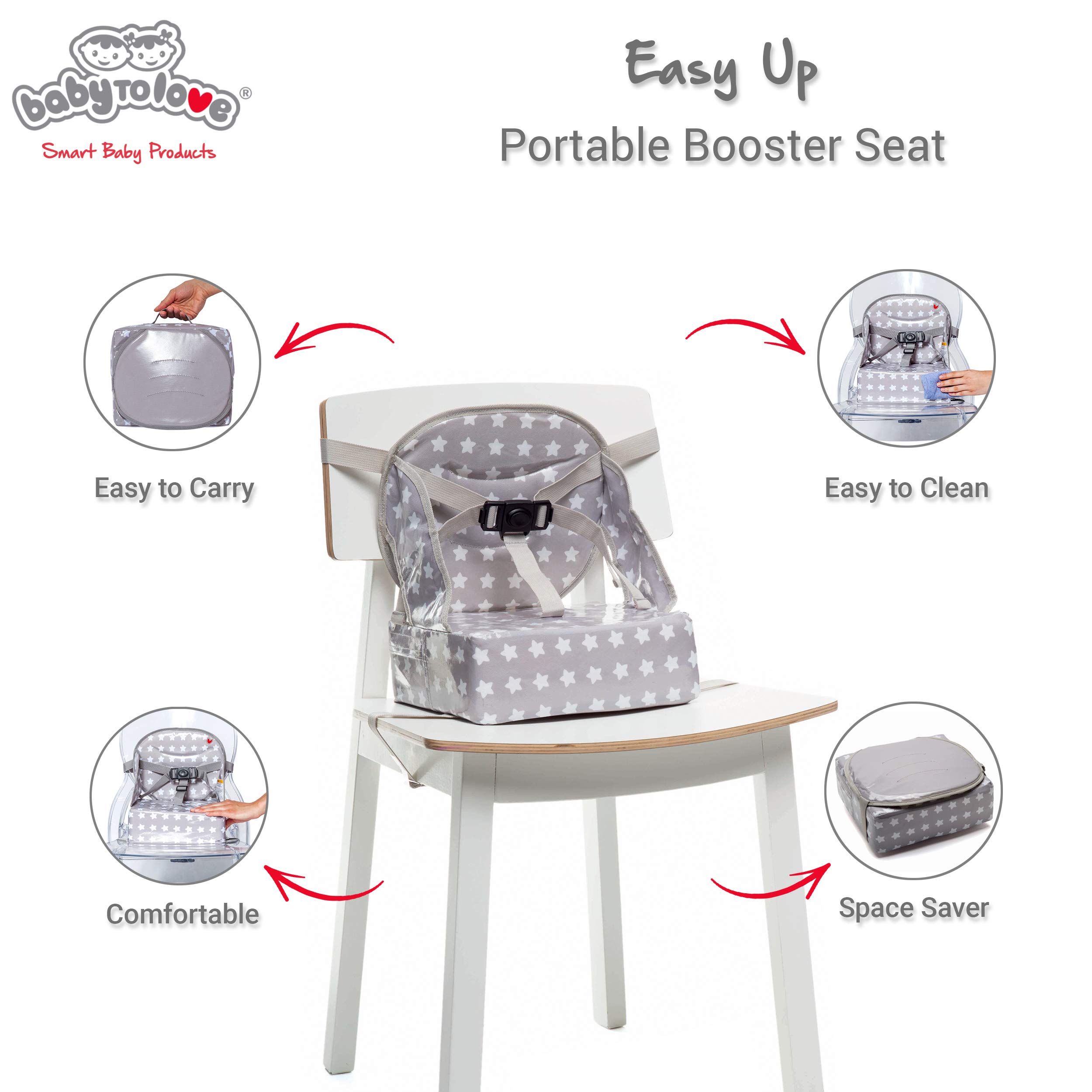Baby-To-Love Easy Up, Portable Baby Feeding Chair Cushion and Booster Seat for Toddler (White Stars)