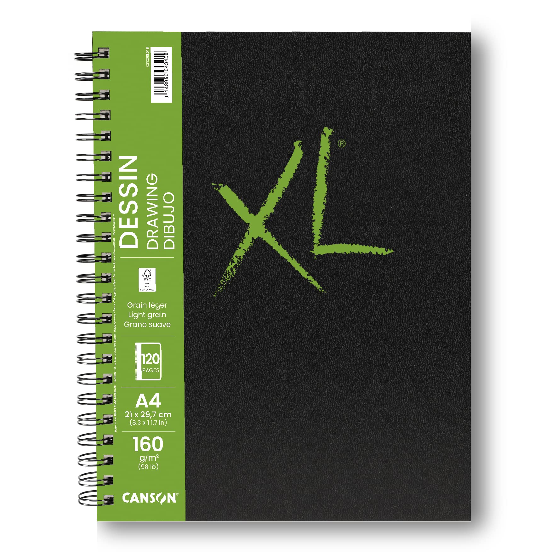 CANSON XL Drawing 160gsm A4 Paper, Light Grain, Spiral Pad Long Side, 60 White Sheets, For Professional Artists & Students