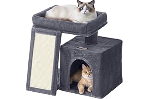 Feandrea Small Cat Tree, Cat Tower Condo for Kittens, Scratching Ramp, Top Perch, Cave, 50.2 x 30 x 44.6 cm, Dark Gray UPCT01