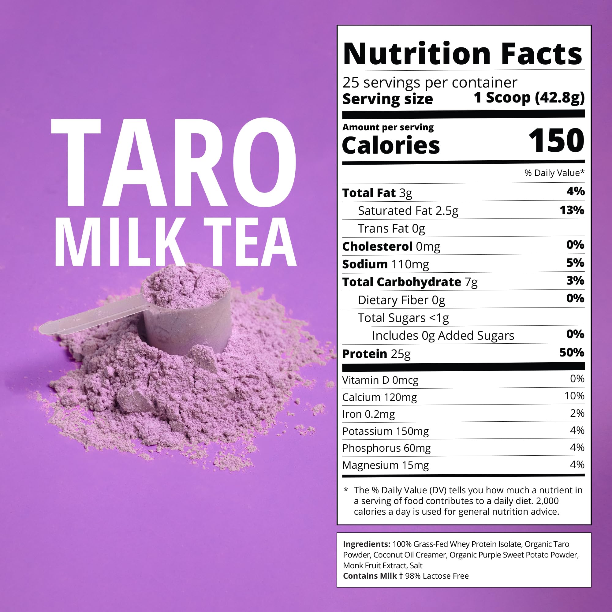 Boba Tea Protein Taro Milk | 25g Grass-Fed Whey Protein Isolate Powder | Gluten-Free & Soy-Free Bubble Tea Drink | Real Ingredients & Lactose-Free Protein Drink | 25 Servings