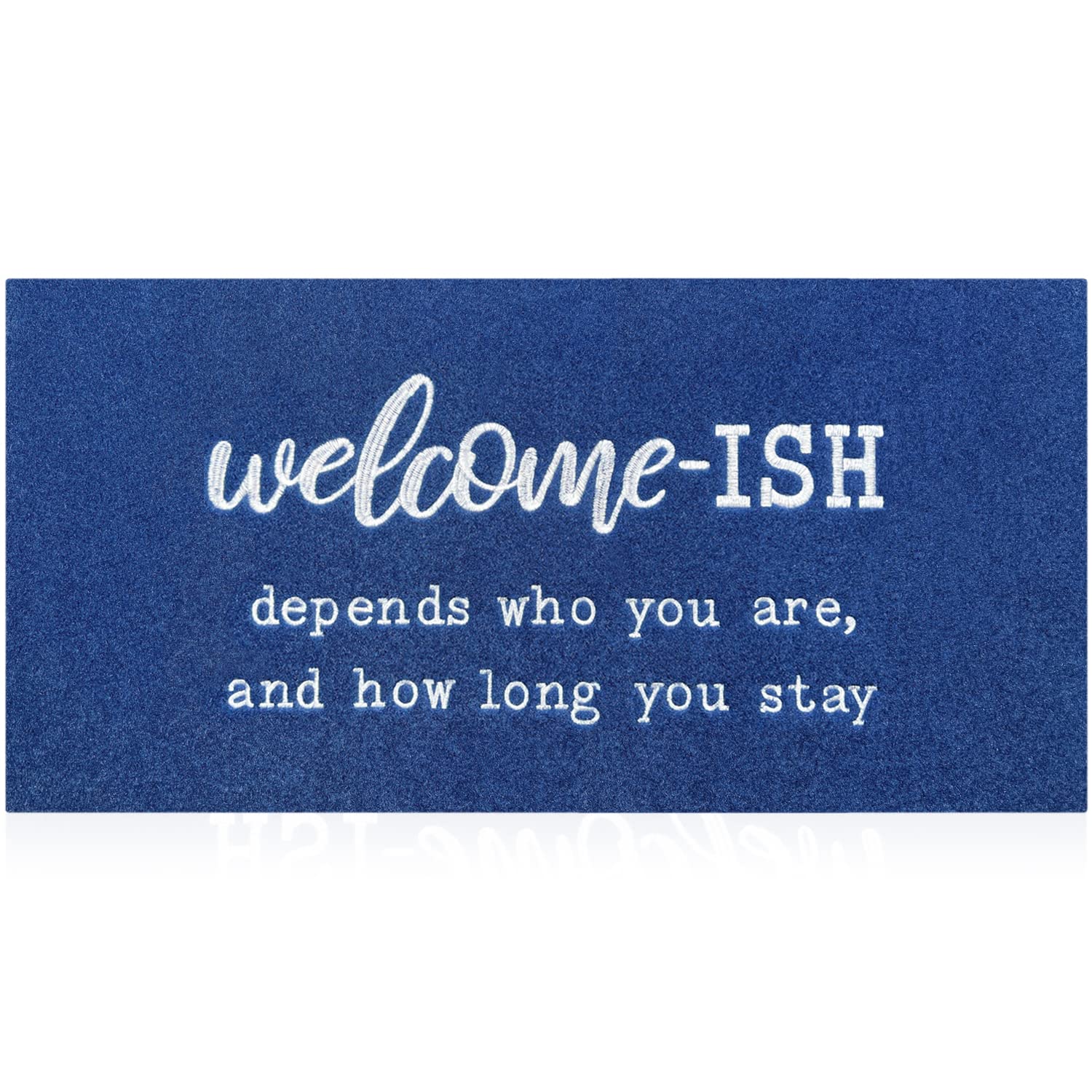 JJUUYOU Large Welcome Mat Low Profile Floor Mat Front Doormat, Blue Welcome-ish Indoor Outdoor Door Rugs Non Slip Absorbent Resist Dirt Entrance Rug for Laundry Entryway, Patio 120X45CM