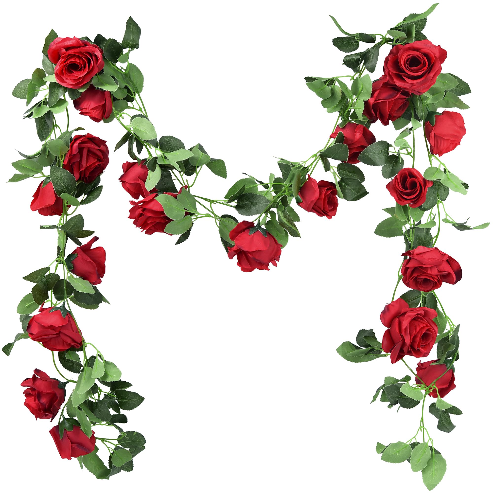 FiveSeasonStuff Red Artificial Rose Garlands, Set of Two Silk Flower Vines, Total Length 4.4 Metres for Home Interiors and Decorative Displays