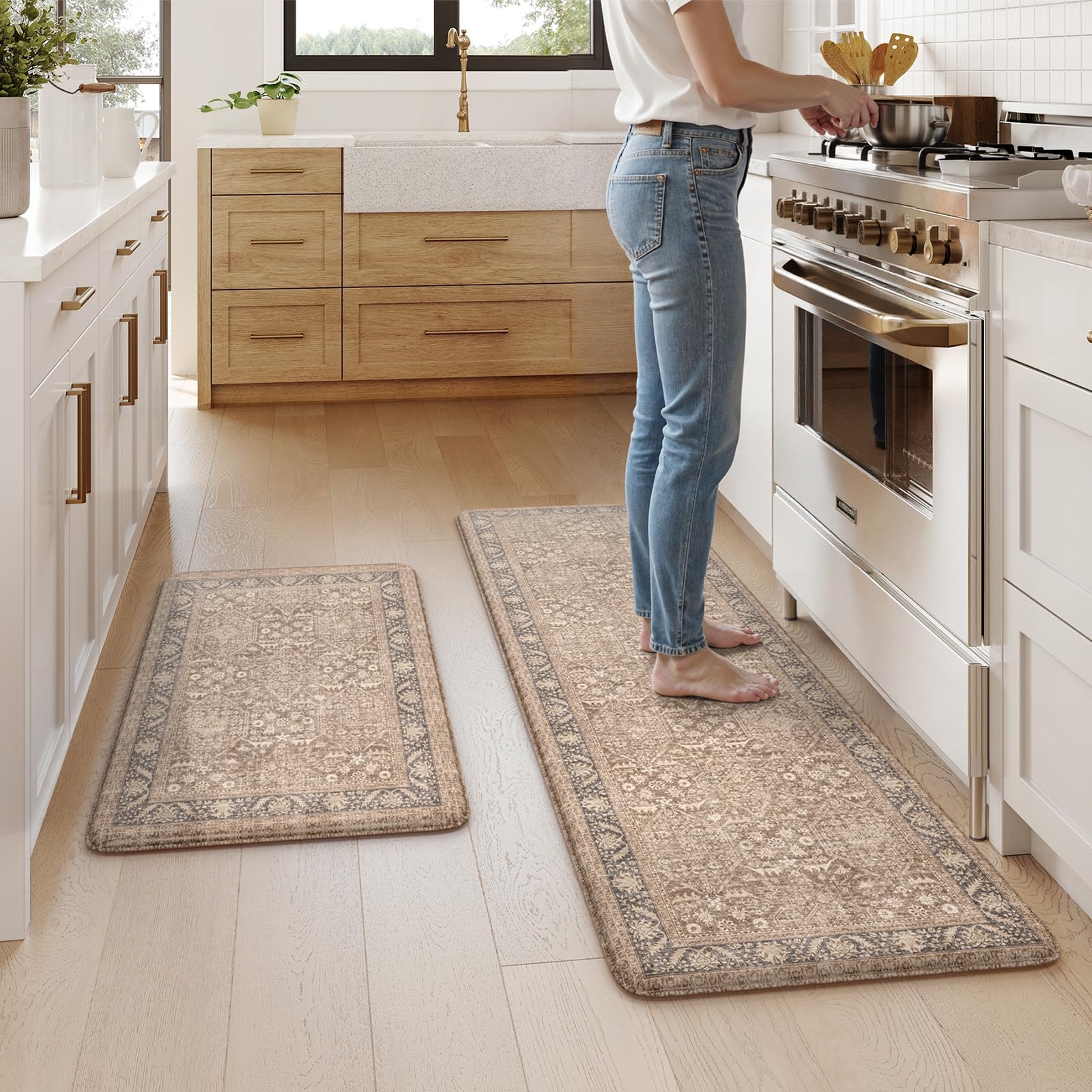 Photo 1 of (see all images) KIMODE Anti Fatigue Kitchen Mat 20"x59"+20"x32", Boho Distressed Kitchen Rugs Sets of 2, Kitchen Mats for Floor Cushioned Non Slip