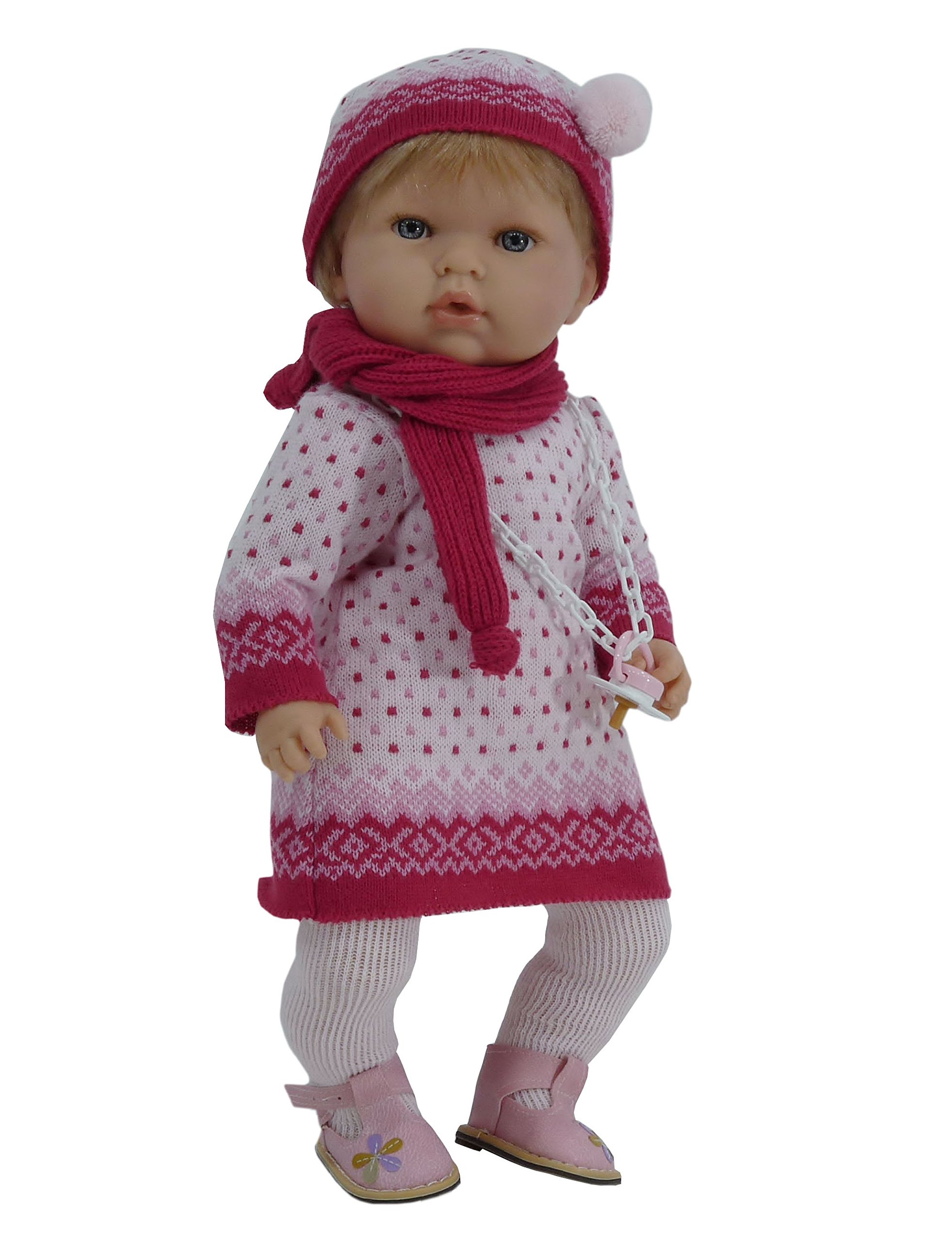 Nines Artesanals d'Onil Tita Tricot Dolls (R/1010), Baby doll (18") with a soft body, wearing a pretty knitted dress with matching bonnet, tights and scarf. Perfect for playing dress and undress