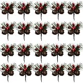 Acronde 20PCS Artificial Pine Picks Christmas Simulation Pine Needle | Small Berries Pinecones for Flower Arrangements Wreaths Wedding Garden Xmas Tree Decorations