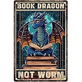 ARTWALLURE Vintage Dragon Metal Tin Sign Book Dragon Not Worm Metal Poster Funny Library Wall Decor Bedroom Living Room Cafe Home Wall Art Kitchen Bathroom Decoration 8x12inch