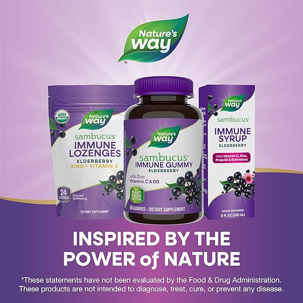 NATURE’S WAY SAMBUCUS ELDERBERRY IMMUNE GUMMIES, DAILY IMMUNE SUPPORT FOR KIDS AND ADULTS*, WITH VITAMIN C, VITAMIN D3, ZINC, GLUTEN FREE, VEGETARIAN, 60 GUMMIES (PACKAGING MAY VARY)