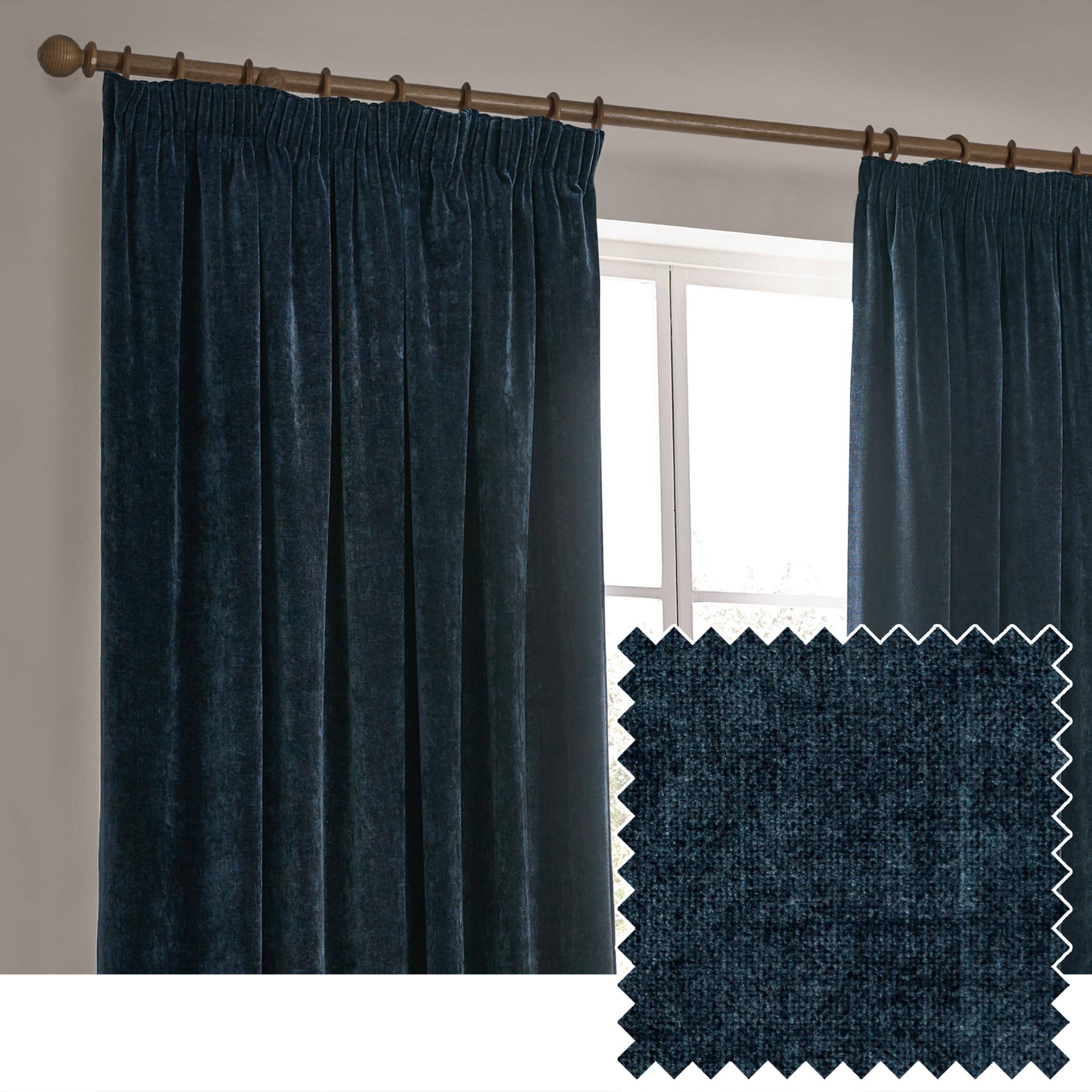 Yard furn Heavy Chenille Pencil Pleat Curtain Pair – Lined Room Darkening Soft Velvet Curtains (Navy - Width 229 x Drop 183cm)