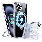 FNDMIL 360°Rotatable Magnetic Ring for iPhone 16 Case with MagSafe[Non-Slip Texture Edge][Built-in Kickstand][Military Shockproof][Anti-Yellowing] Transparent Soft Silicone Bumper Slim,Clear