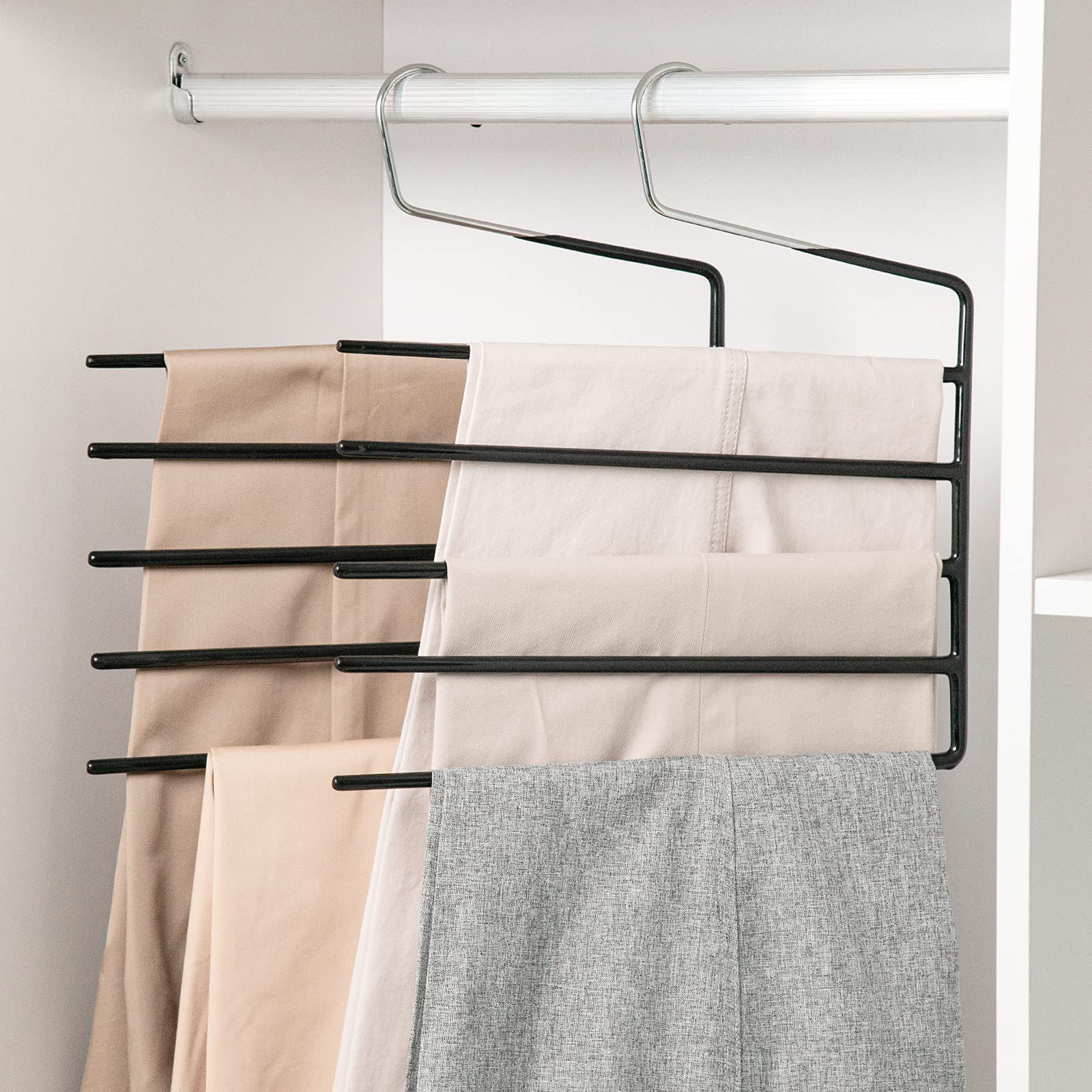 Photo 1 of Nature Smile Pants Hangers 3pack, Heavy Duty Multi Layers Space Saving Slack Hangers,Non Slip 5 Tier Open-Ended Pants Hanger Closet Storage Organizer for Garden Flags Trousers Jeans Scarf