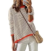 ZESICA Women's Long Sleeve Crewneck Striped Shirts Spring Ribbed Knit Sweater Slim Fitted Casual Basic Tee Tops