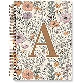 JXREQ Vintage Boho Floral Personalized Notebook, Initial Letter A Notebook Journal, Monogram Notebook, Monogrammed Gifts for Women, Boho Office Supplies, Flower Spiral Notebook 5.5x8.3