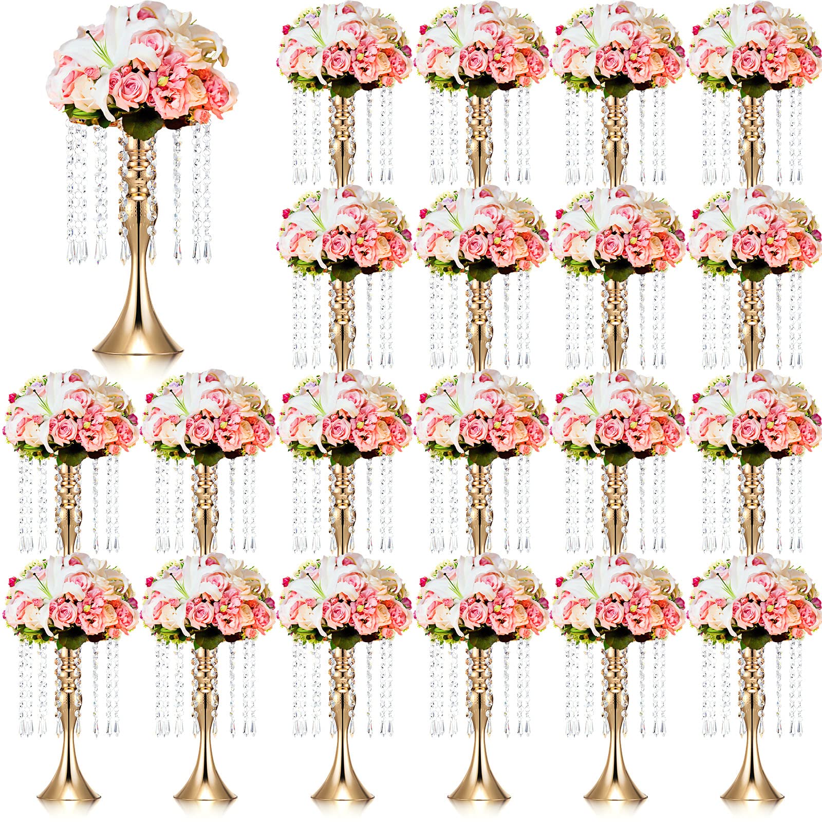 View 1 of Unittype 20 Pcs Wedding Centerpieces for Tables 13 Inch Tall, Crystal Flower Stand Floral Vases for Tabletop Flower Arrangement Stand Valentines Gift Baptism Christmas Party Decor (Gold)