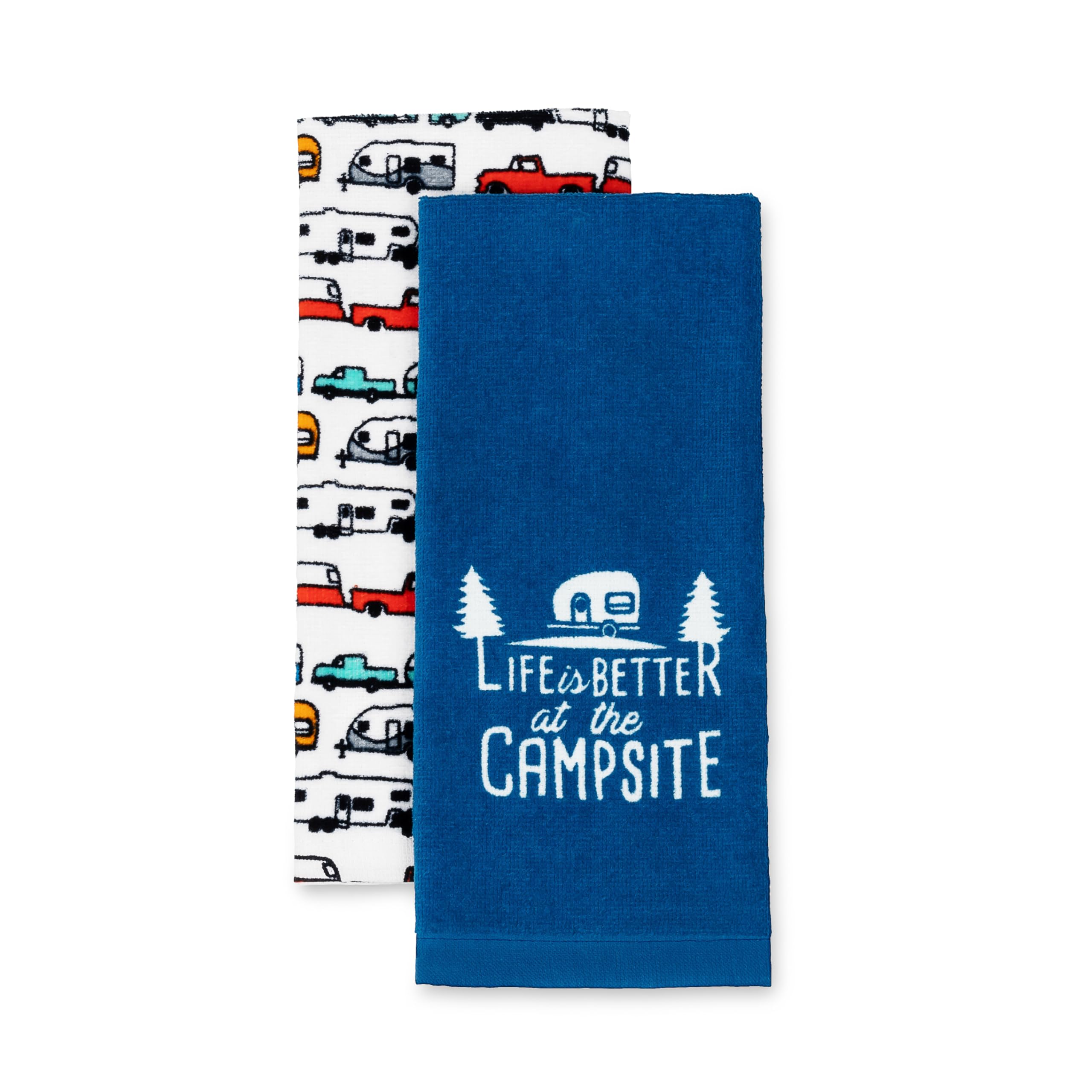 Camco Life is Better at The Campsite Camper/RV Dish Towel Set - Features a Camping/RV Themed Towel & a Navy Blue with White Logo Towel - Designed with 100% Cotton - 2-Pack (53301)