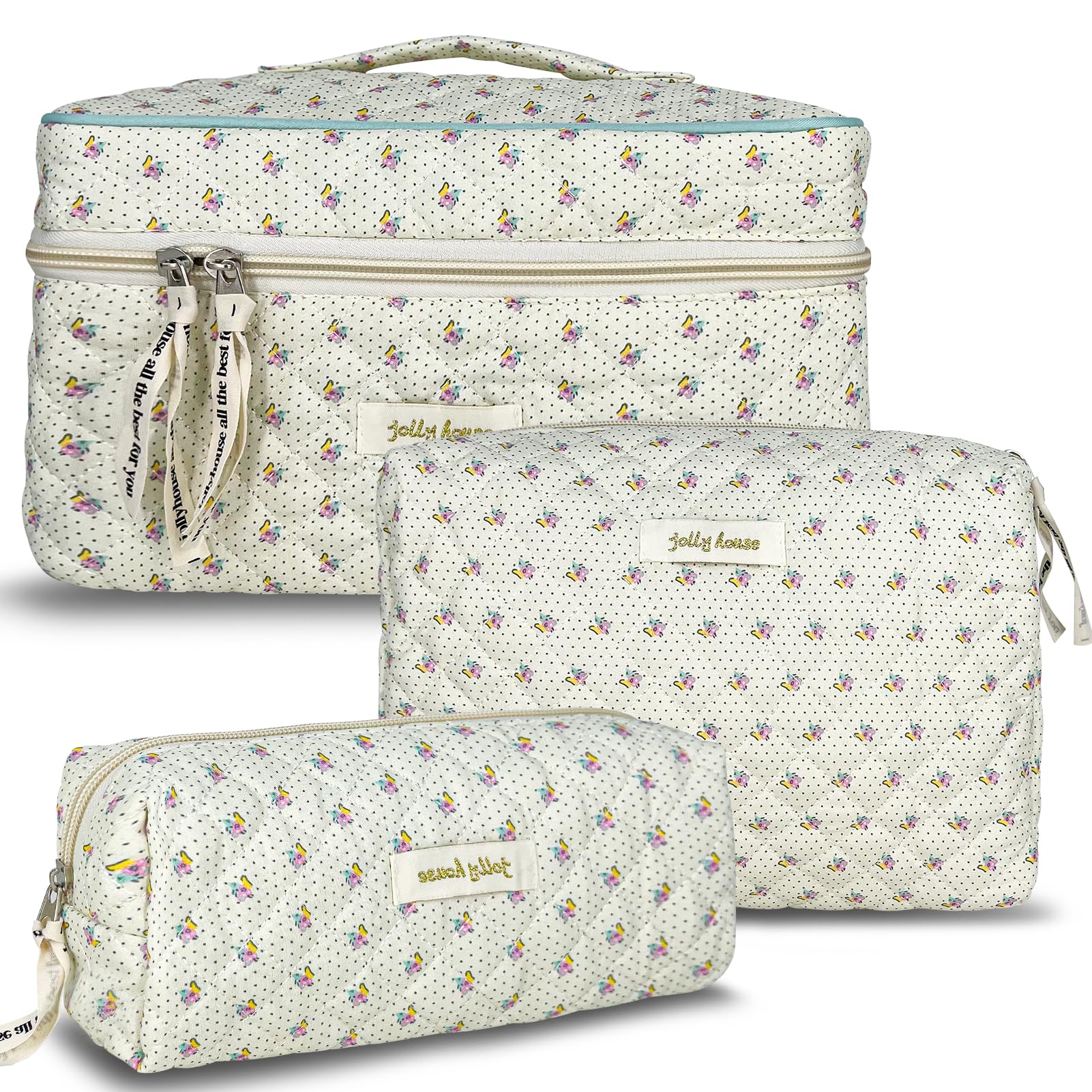 TOPALL Cosmetic Bag, Floral Cotton Quilted Toiletry Bag, Classic Makeup Pouch for Women & Girls - 3PCS (Large + Medium + Pouch) — image 1