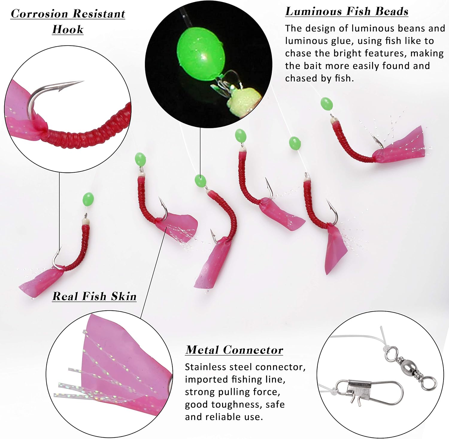 Saltwater Fishing Bait Rigs, 10Packs Surf Fishing Rigs 6 Hooks Fishing Lures Red Fish Skin Feather Hooks Glow Fishing Beads Fishing Tackles for Freshwater Saltwater : Sports & Outdoors