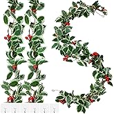 Luinabio 9 Pcs Holly Garland with Berries Set Includes 5.7 ft Christmas Red Berry Garland Decoration with Hooks Green Leaves Winter Outdoor Vines for Stairs Mantel Table Fireplace Home Decor