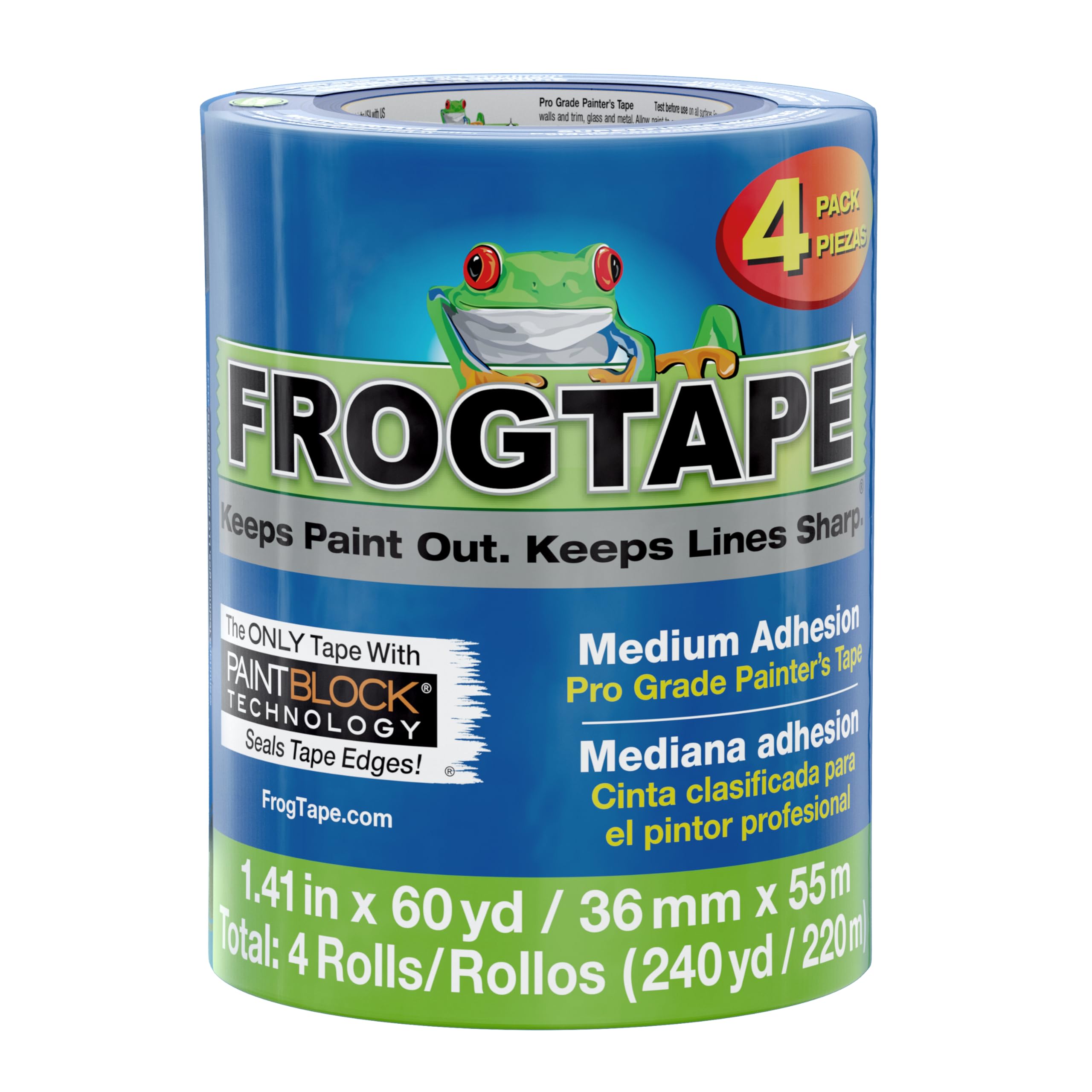Frog Tape Pro Grade Blue Masking Tape for Painting 36mm x 55m, Decorators Tape, Painters Masking Tape for Indoor Painting & Decorating - Pack of 4