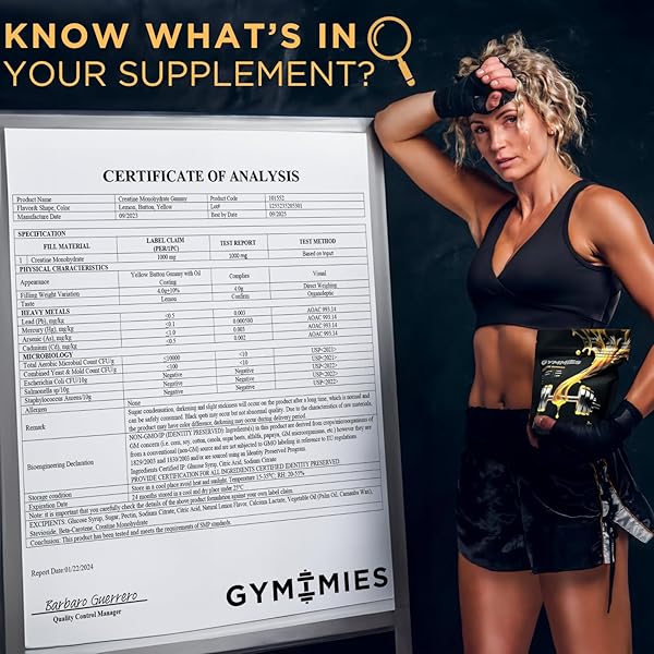 GYMMIES CREATINE MONOHYDRATE GUMMIES – MUSCLE GROWTH, PERFORMANCE, ENDURANCE – 5 GRAM CREATINE PER SERVING – VEGAN, NON-GMO, GLUTEN-FREE, MADE IN USA – 90CT – LEMON FLAVOR