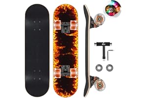 GIEEU Skateboards with Colorful Flashing Wheels for Beginners,Kids,Teens,Adults, Complete Standard Skate Boards 9 Layer Canadian Maple Deck Concave Skateboard