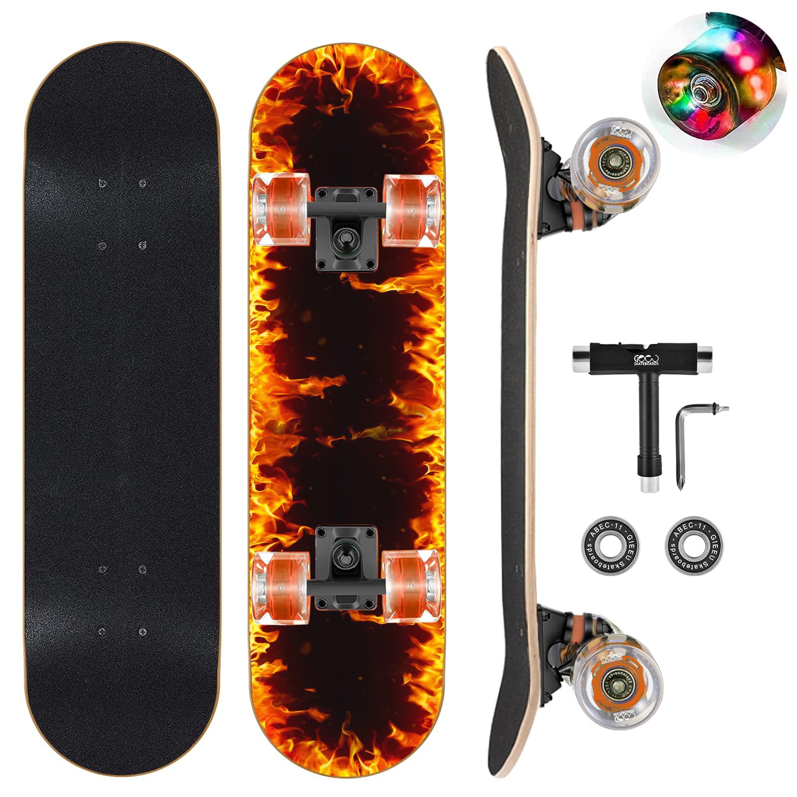 GIEEU Skateboards with Colorful Flashing Wheels for Beginners,Kids,Teens,Adults, Complete Standard Skate Boards 9 Layer Canadian Maple Deck Concave Skateboard