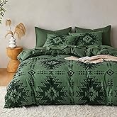 Wake In Cloud - Western Comforter Set, Boho Southwestern Rustic Farmhouse Style with Aztec Geometric Block Pattern, Soft Lightweight Bedding, 3 Pieces, Dark Olive Green, Queen Size