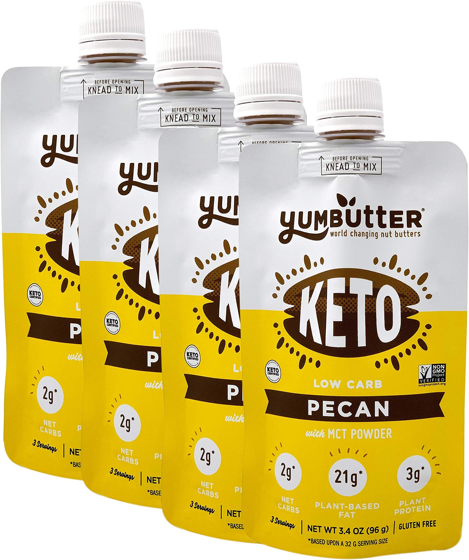 Keto Nut Butter, Pecan – Keto Snacks with MCT Oil, Fat Bomb Low Carb Snacks (2 Net Carbs), On-the-go Keto Food by Yumbutter, 3.4oz pouch, 4 pack