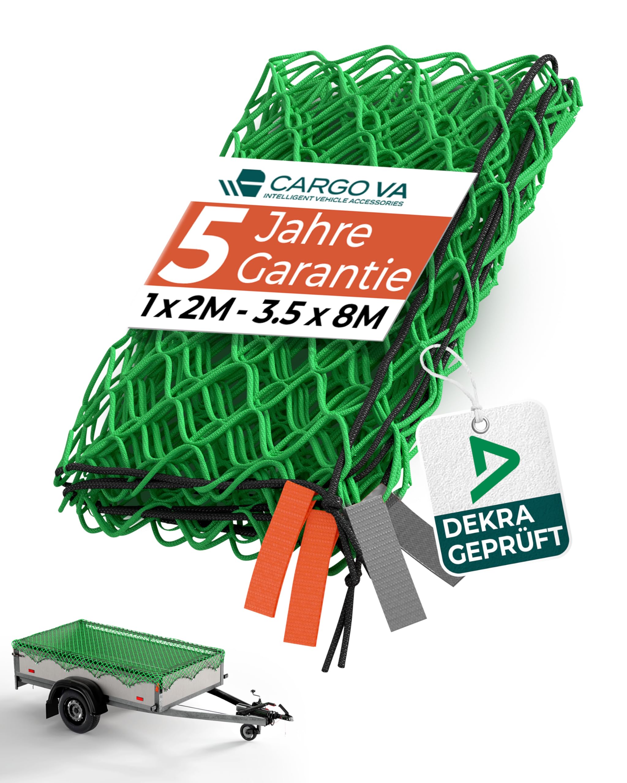 CargoVA® Anhängernetz 1,5x2,2M [DEKRA Geprüft] – Anhängernetz mit Gummiseil und Eckmarkierung – für perfekte Ladungssicherung