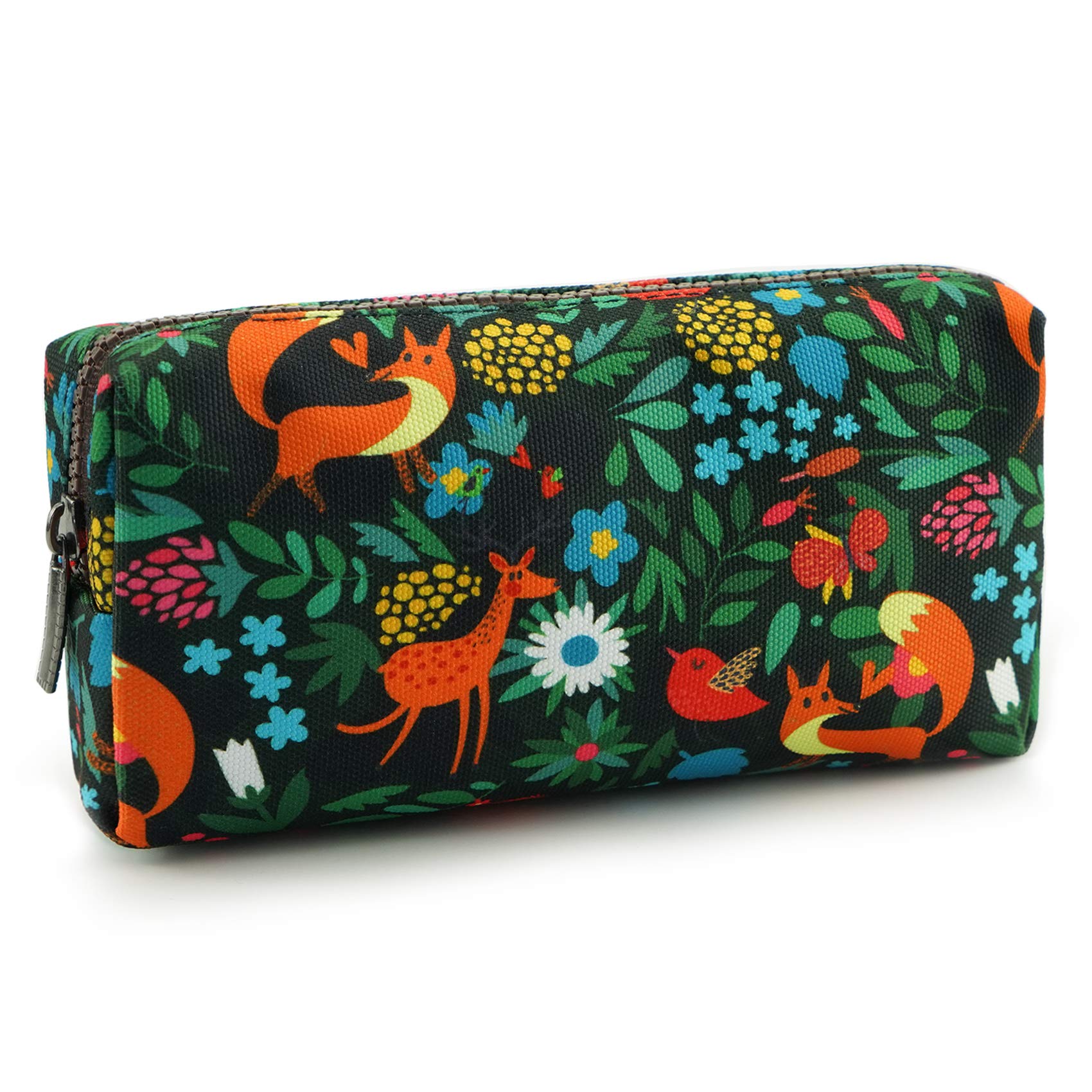 LParkin Woodland Animals Fox Canvas Pencil Case Fabric Zipper Pouch Gift for Men Women Gadget Bag Make Up Case Cosmetic Bag School Supplies