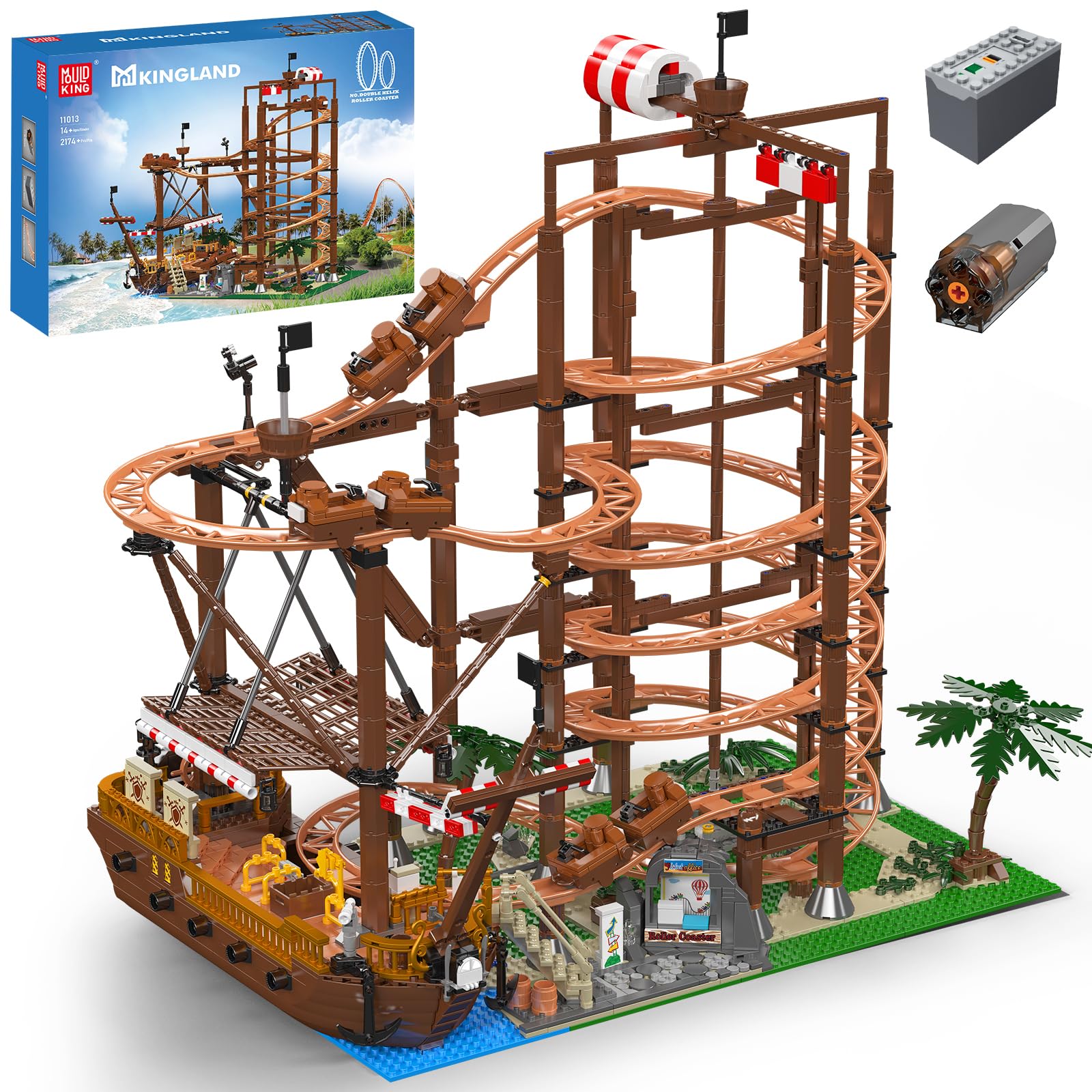 Photo 1 of Mould King Double Helix Roller Coaster Building Set, Electrical Amusement Park Funfair Theme Track Rollercoaster with Pirate Ship, Construction Toy Building Kit Gift for Kids/Adult-2174+ Pieces