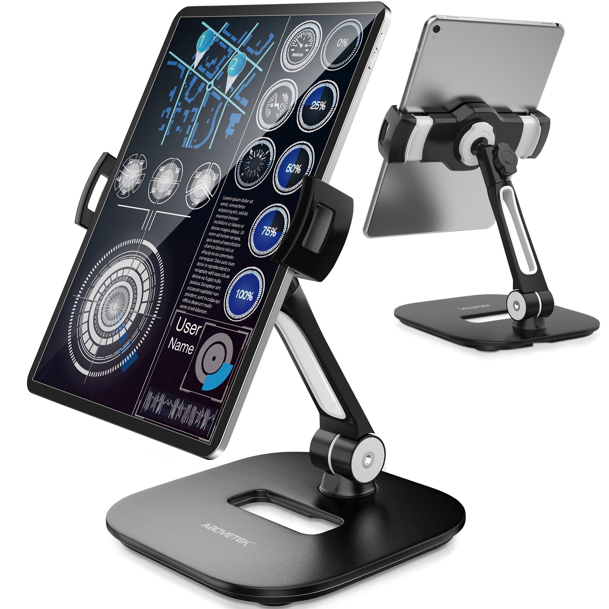 AboveTEK Tablet Stand Holder, Stylish Aluminum iPad Stands, Foldable 360° Swivel iPad iPhone Table Stand Holder fits 4-11" Tablets/Smartphones for Kitchen Bedside Office POS Showroom Reception - Black