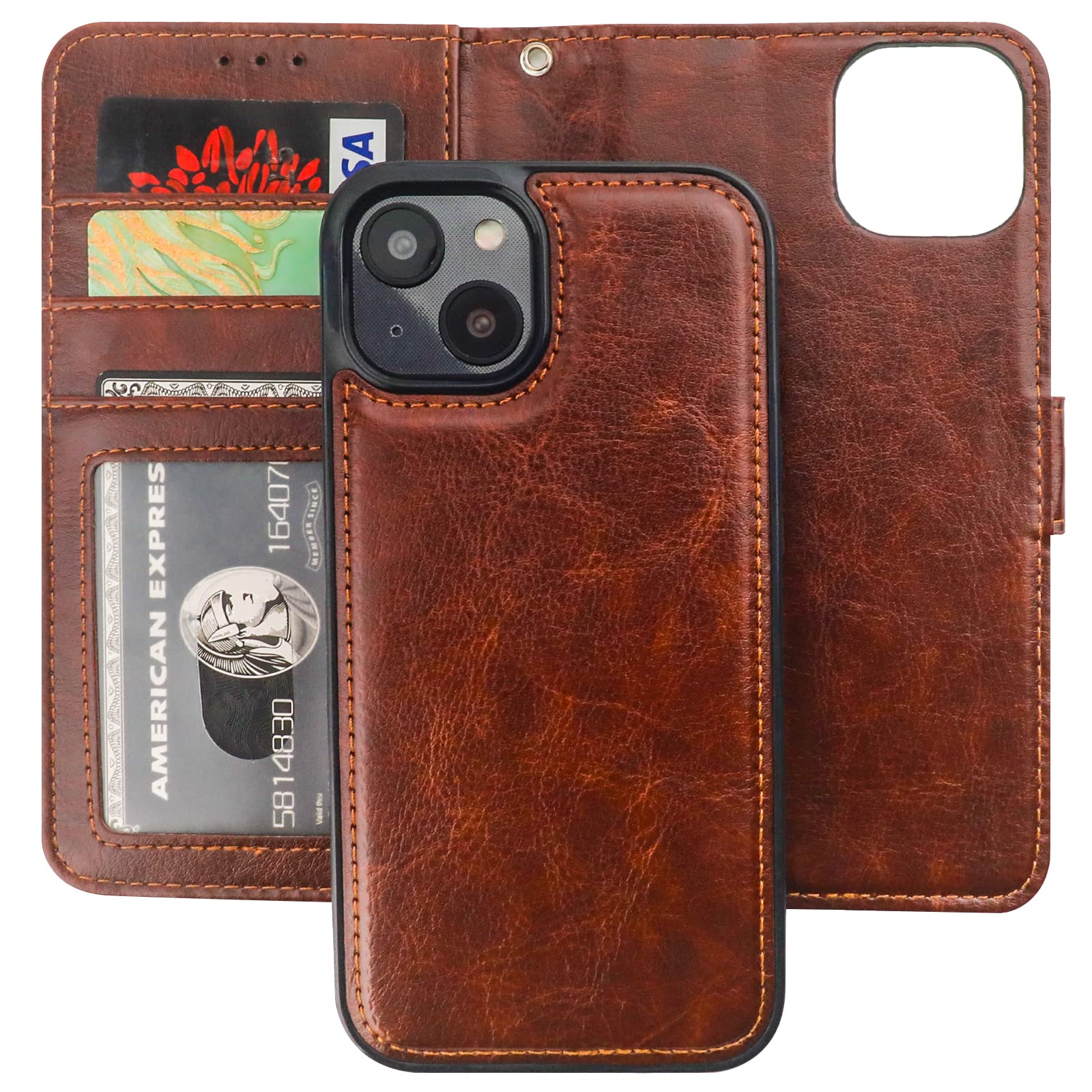 Photo 1 of Bocasal Detachable Wallet Case for iPhone 14 RFID Blocking Card Slots Holder Premium PU Leather Magnetic Kickstand Shockproof Wrist Strap Removable Flip Protective Cover 5G 6.1 inch (Brown)