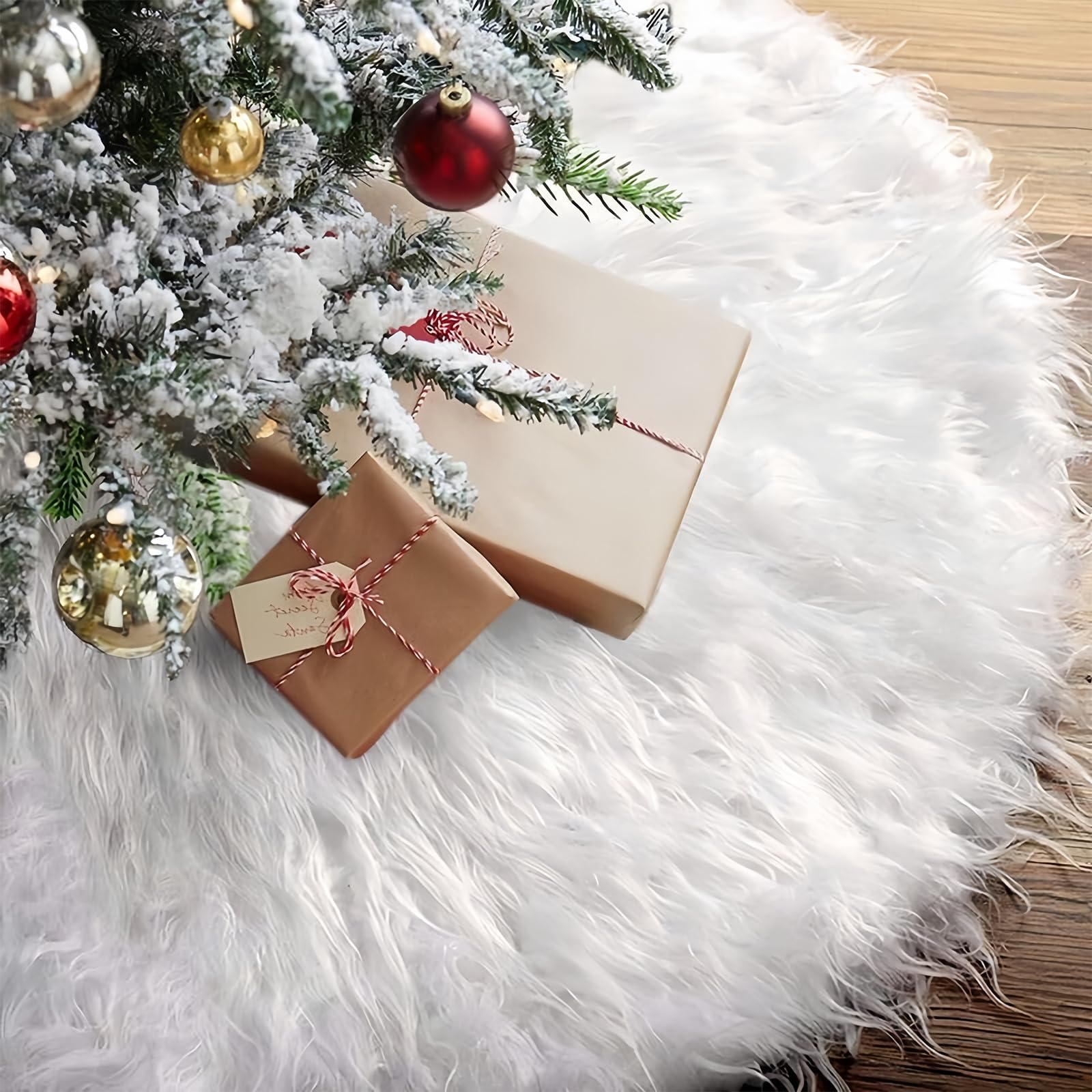 POPOYU White Plush Christmas Tree Skirt 90CM/35in,Christmas Tree Skirt Luxury Plush Xmas Tree Floor Mat,Faux Fur Large RoundPlush Mat Base Covers for Christmas Tree,New Year Party Home Decorations