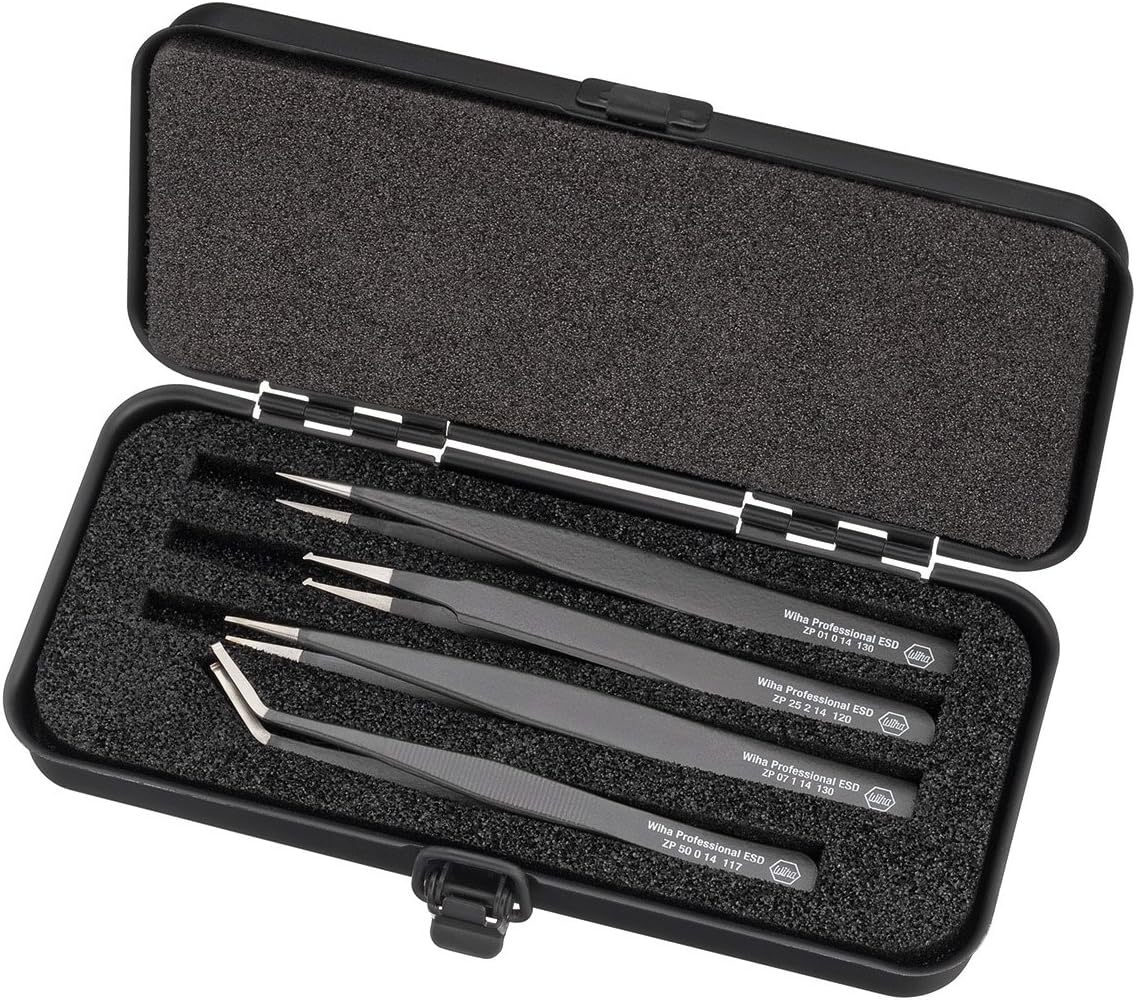 Wiha 32349 Professional ESD SMD Tweezer Set, 4 Piece, Schwarzwald