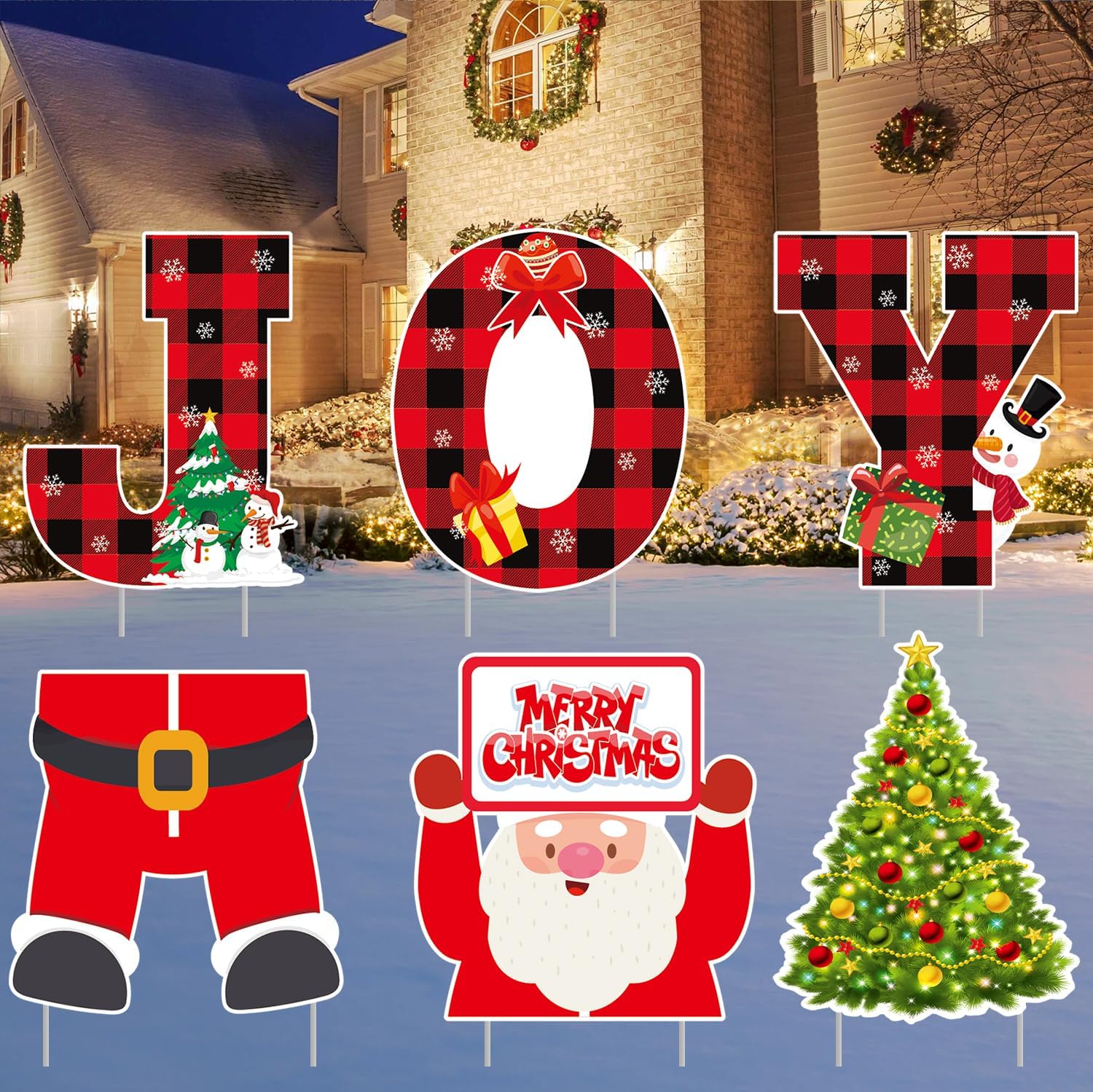 Yard Signs - Outdoor Christmas Decorations Outside 6Pack JOY Santa Claus Christmas Tree Yard Signs with Stakes Xmas New Year Christmas Decor for Home Lawn Pathway Walkway