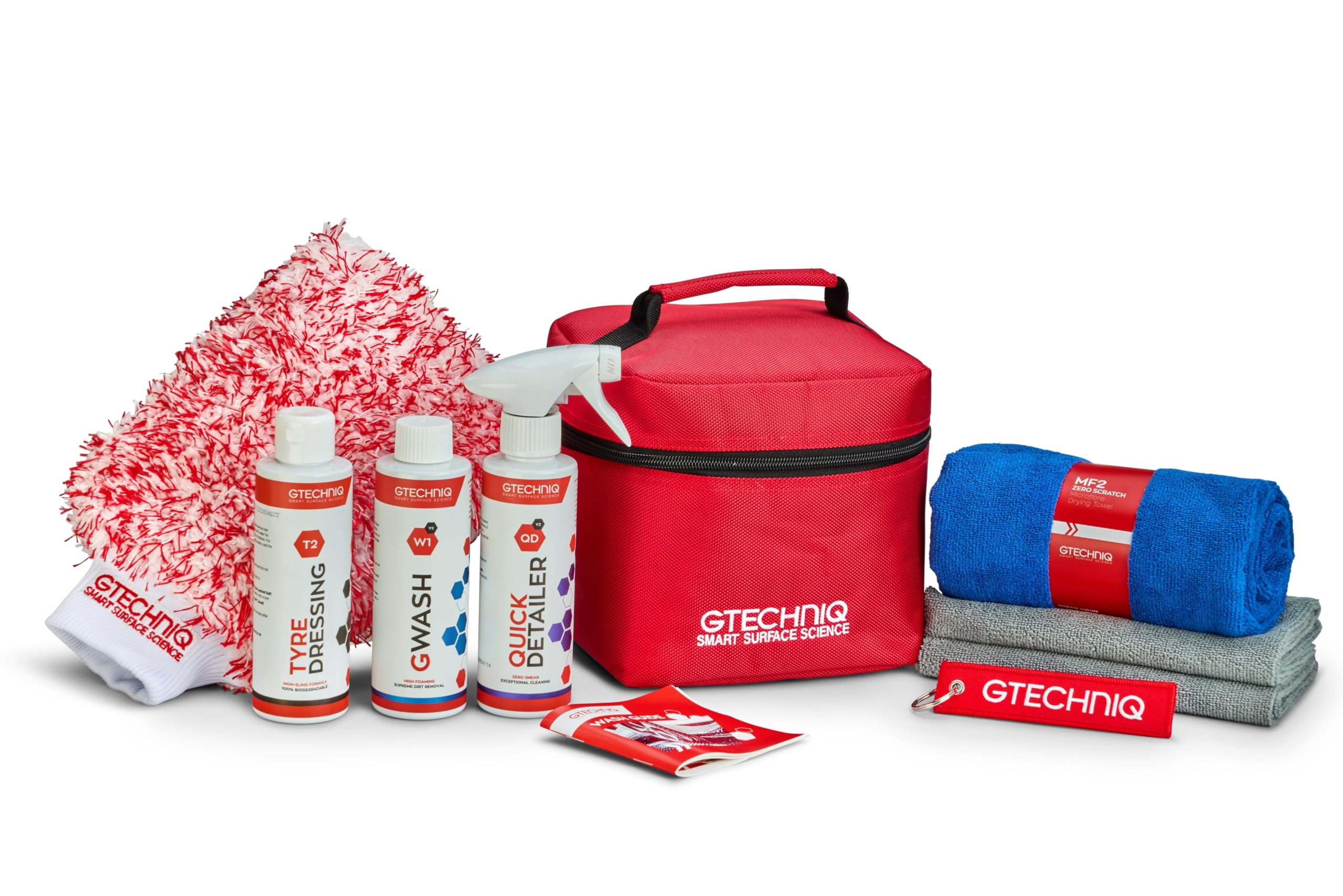 Gtechniq Basic Maintenance Kit - Includes GWash, Quick Detailer, T2 Tyre Dressing, MF2 Zero Scratch Microfiber Drying Towel, MF1 ZeroR Scratch Buff Cloth, Branded Kit Bag - Keep Your Vehicle Clean