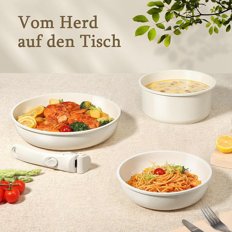 Granit Topfsets Pfannenset 15 Teiliges,Kochtöpfe Set Antihaft Kochgeschirr mit Abnehmbarem Griff,Für alle Herdarten geeignet,Spülmaschinenfest,Ofenfest(Weiß,15PCS)