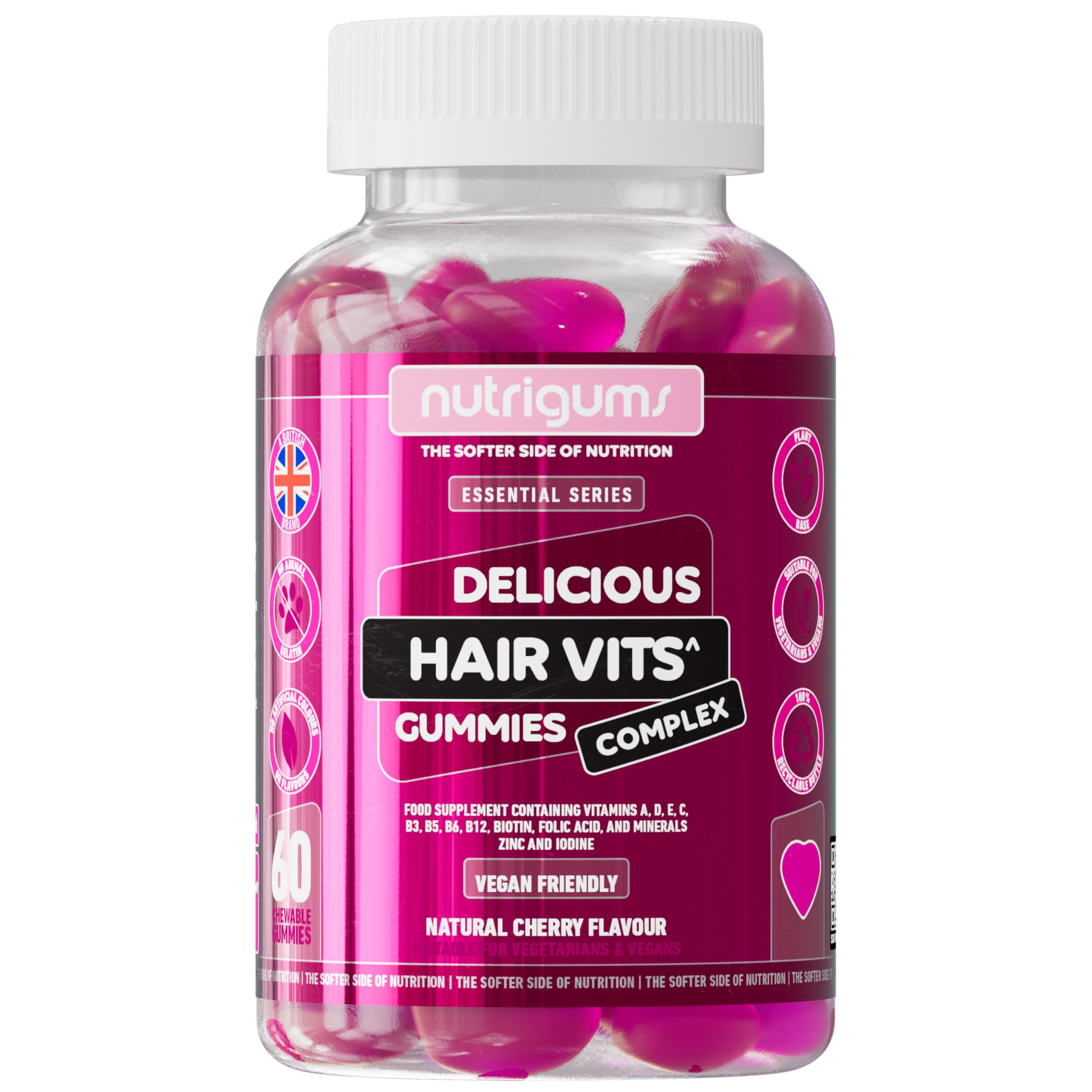 Hair Vitamin Biotin Complex Gummy | 12 Essential Vitamins containing Biotin, Vitamin C, Folic Acid and Zinc | Cherry Flavour | 60 Vegan Gummies | Maintain Healthy Hair Growth by NUTRIGUMS®