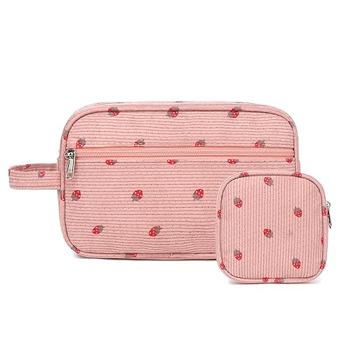 LEDAOU 2Pcs Travel Large Makeup Bag Cosmetic Bag Small Corduroy Makeup Pouch with Zipper Cute Travel Toiletry Essentials for Women Teen Girls